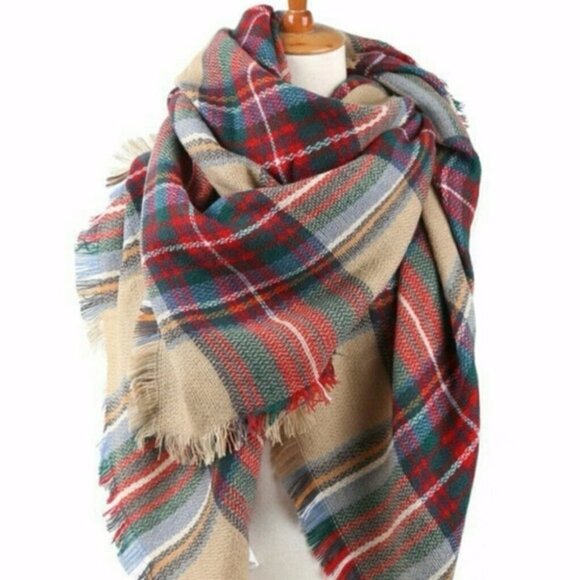 TAN Plaid Printed Oversized fall winter scarf - Picture 7 of 8